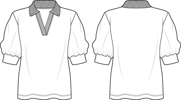 DROP SHOULDER PUFF SLEEVES V-NECK TOP DESIGN FOR WOMEN. Flat Drawing Front and Back View Technical Fashion Illustration. vector