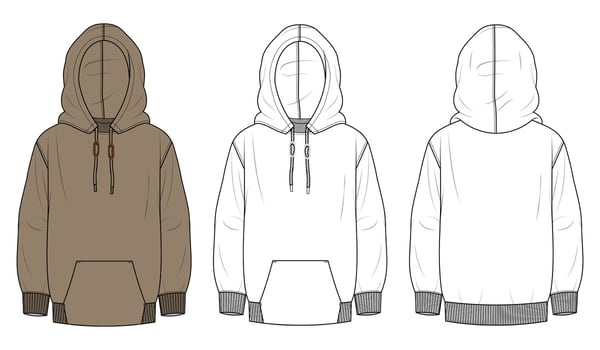 Classic hoodie technical fashion illustration with pockets and full sleeves. Flat sketch template with front and back views, oversized fit, drop shoulder design, and unisex style. CAD mockup set. vector