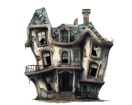haunted house with crooked walls and twisted architecture, evoking sense of mystery and eeriness. dilapidated structure features broken windows and overgrown details png