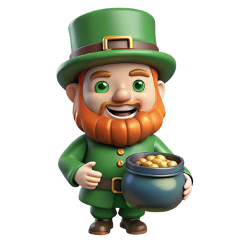 stunning minimalist Leprechaun, mischievous and bearded, holding a pot of gold, authentic png