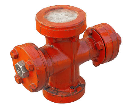 bright orange fire hydrant with sturdy design, featuring cross shape and detailed fittings. This essential safety equipment is crucial for firefighting efforts png