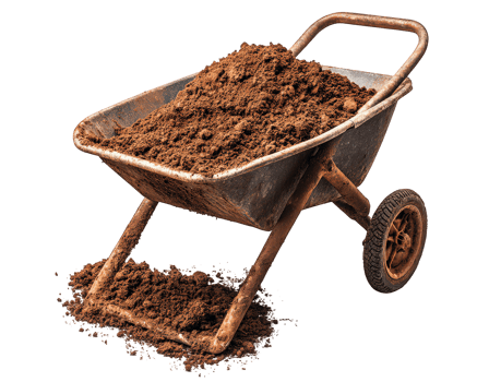 rusty wheelbarrow filled with soil, tipped over and spilling dirt onto ground, showcases scene of gardening or construction work png