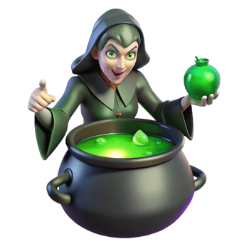 elegant modern A powerful witch brewing a potion in a bubbling cauldron, her face illuminated by the eerie green light of the concoction. Dark fantasy, gothic style high quality png