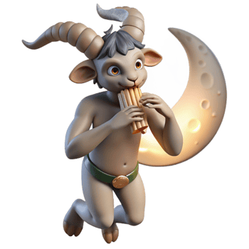 dramatic abstract A mischievous satyr with goat-like legs and horns, playing a pan flute, illuminated by the moonlight. Greek mythology style original png