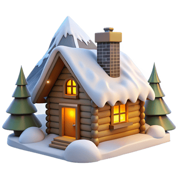 magnificent modern A rustic log cabin, nestled in snow-covered mountains, lit by a crackling fireplace, rendered in a cozy, illustrative style professional png