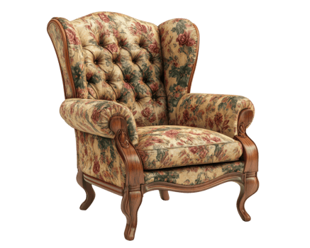 An antique wingback chair with floral upholstered seat png