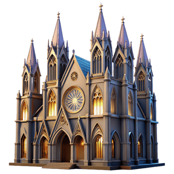 stunning artistic A majestic Gothic cathedral, soaring arches and stained glass rose windows, dramatic chiaroscuro lighting, rendered in a classical style high quality png