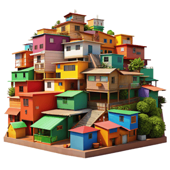 extraordinary modern A colorful favela built on a hillside, vibrant paint and corrugated metal, bright sunlight, rendered in a realistic, documentary style authentic png