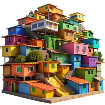 stunning contemporary A colorful favela built on a hillside, vibrant paint and corrugated metal, bright sunlight, rendered in a realistic, documentary style original png