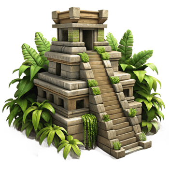 beautiful vintage An ancient Mayan temple, intricate stone carvings and overgrown vines, dappled jungle light, rendered in a historical, realistic style professional png