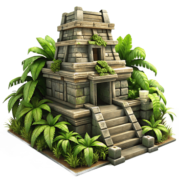 vibrant abstract An ancient Mayan temple, intricate stone carvings and overgrown vines, dappled jungle light, rendered in a historical, realistic style authentic png