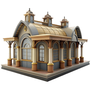 stunning traditional A bustling train station, grand arches and intricate ironwork, diffused daylight, rendered in a photorealistic, architectural style high resolution png