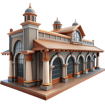 magnificent abstract A bustling train station, grand arches and intricate ironwork, diffused daylight, rendered in a photorealistic, architectural style exclusive png