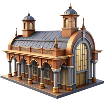 elegant rustic A bustling train station, grand arches and intricate ironwork, diffused daylight, rendered in a photorealistic, architectural style genuine png