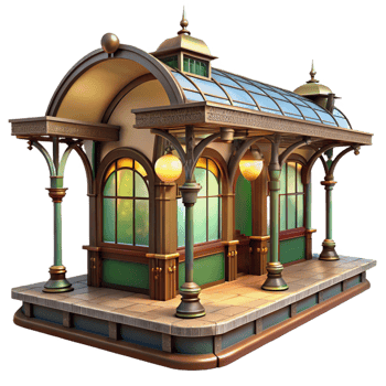 serene artistic An Art Nouveau metro station, ornate ironwork and colorful tiles, warm incandescent lighting, rendered in a vintage style premium png