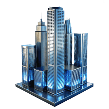 extraordinary modern A towering glass and steel skyscraper reflecting a cityscape, dynamic night lighting, rendered in a photorealistic style exclusive png