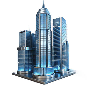 extraordinary contemporary A towering glass and steel skyscraper reflecting a cityscape, dynamic night lighting, rendered in a photorealistic style high quality png
