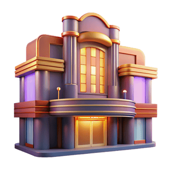 extraordinary minimalist An Art Deco cinema with geometric facade and neon signage, a warm, inviting glow emanates from within, cinematic lighting style original png