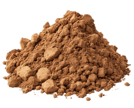 Rich brown cocoa powder pile, perfect for baking and desserts, showcasing its fine texture and earthy color. Ideal for chocolate recipes and culinary creations png