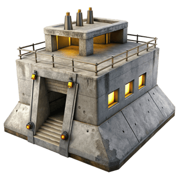 vibrant traditional A Brutalist concrete bunker with sharp edges and exposed rebar, harsh, industrial lighting, dystopian style original png