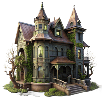 impressive creative A dilapidated Victorian mansion with peeling paint and overgrown vines, eerie, atmospheric lighting, gothic horror style detailed png