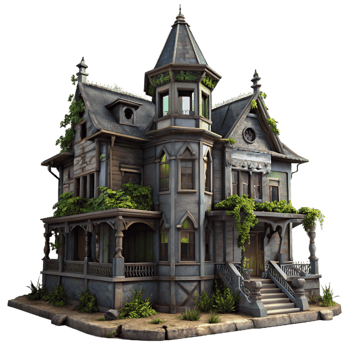 magnificent classic A dilapidated Victorian mansion with peeling paint and overgrown vines, eerie, atmospheric lighting, gothic horror style high resolution png