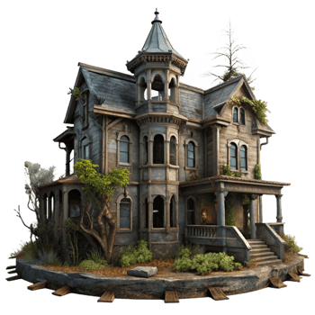 impressive creative A dilapidated Victorian mansion with peeling paint and overgrown vines, eerie, atmospheric lighting, gothic horror style 4K png