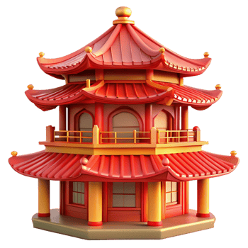 dramatic abstract A traditional Chinese pagoda with intricate carvings and vibrant red paint, warm, sunset lighting, oriental style exclusive png