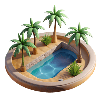 elegant traditional A desert oasis with palm trees and a shimmering pool, warm, midday sunlight, photorealistic style high resolution png