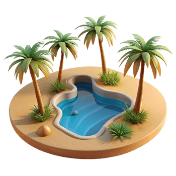 vibrant contemporary A desert oasis with palm trees and a shimmering pool, warm, midday sunlight, photorealistic style original png