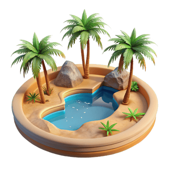 vibrant modern A desert oasis with palm trees and a shimmering pool, warm, midday sunlight, photorealistic style authentic png