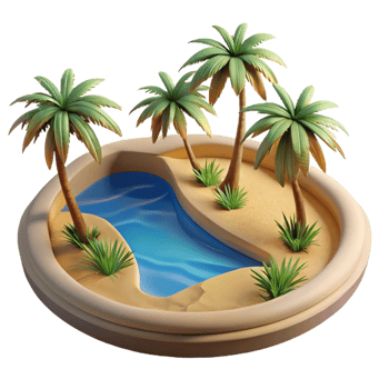 elegant traditional A desert oasis with palm trees and a shimmering pool, warm, midday sunlight, photorealistic style premium png