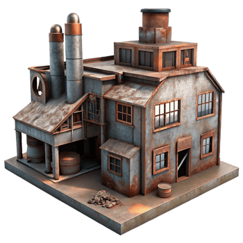 serene modern An abandoned factory with rusted machinery and broken windows, dim, industrial lighting, dystopian style premium png