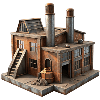 wonderful modern An abandoned factory with rusted machinery and broken windows, dim, industrial lighting, dystopian style genuine png