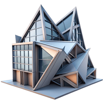 serene minimalist A Deconstructivist building with fragmented forms and distorted angles, sharp, contrasting lighting, postmodern style exclusive png
