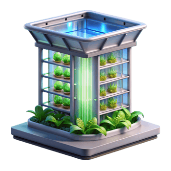 beautiful creative A Vertical farm skyscraper with integrated hydroponic systems, bright, artificial lighting, futuristic architecture style high resolution png