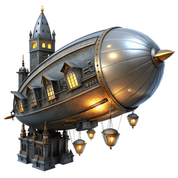 impressive artistic A steampunk zeppelin floating above a bustling city, illuminated by flickering gaslights and searchlights. Dramatic lighting, noir atmosphere 4K png