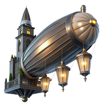 serene classic A steampunk zeppelin floating above a bustling city, illuminated by flickering gaslights and searchlights. Dramatic lighting, noir atmosphere authentic png