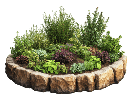 vibrant herb garden featuring various plants in circular stone bed, showcasing lush greenery and colorful foliage, perfect for culinary use and gardening enthusiasts png