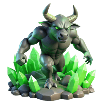 extraordinary minimalist A powerful minotaur, sculpted from living rock and moss, charging through a labyrinth of glowing crystals. Surrealist style with vibrant, contrasting colors original png