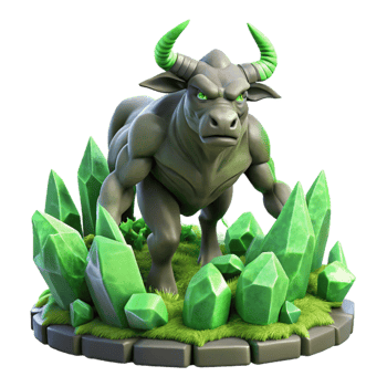 vibrant traditional A powerful minotaur, sculpted from living rock and moss, charging through a labyrinth of glowing crystals. Surrealist style with vibrant, contrasting colors original png