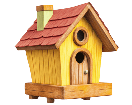 colorful wooden birdhouse with red roof and yellow walls, featuring round door and two circular windows, perfect for garden decor and attracting birds png