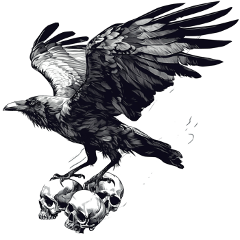 A black raven perched upon several human skulls with wings open png