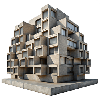 wonderful classic Brutalist concrete apartment complex, repetitive geometric patterns, harsh sunlight, urban decay aesthetic, photography style, exclusive png