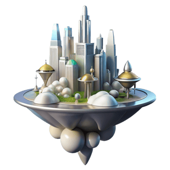 wonderful minimalist Floating island city, sleek metallic structures, surrounded by clouds, futuristic and utopian, science fiction art style, 4K png