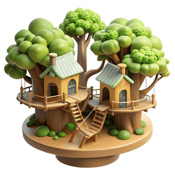 wonderful modern Treehouse village, interconnected by rope bridges, surrounded by lush foliage, whimsical and adventurous, children's book illustration style, professional png