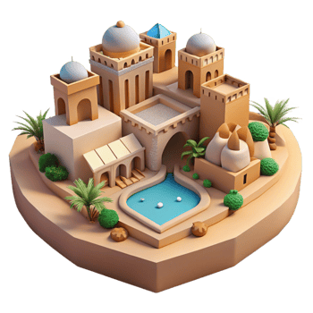 elegant abstract Desert oasis city, built around a central spring, traditional adobe architecture, warm sunlight, peaceful and harmonious, Middle Eastern art style, original png