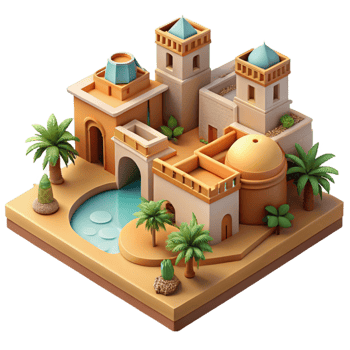 wonderful artistic Desert oasis city, built around a central spring, traditional adobe architecture, warm sunlight, peaceful and harmonious, Middle Eastern art style, genuine png