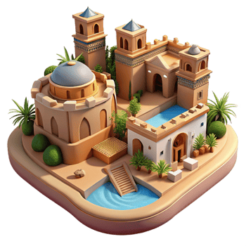 magnificent abstract Desert oasis city, built around a central spring, traditional adobe architecture, warm sunlight, peaceful and harmonious, Middle Eastern art style, high quality png