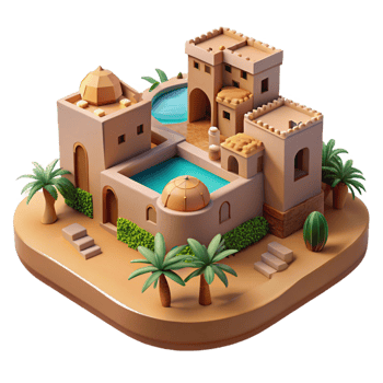 wonderful rustic Desert oasis city, built around a central spring, traditional adobe architecture, warm sunlight, peaceful and harmonious, Middle Eastern art style, detailed png